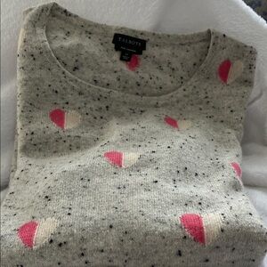 Talbots Speckled Gray Sweater with Pink and Cream Hearts . Cashmere